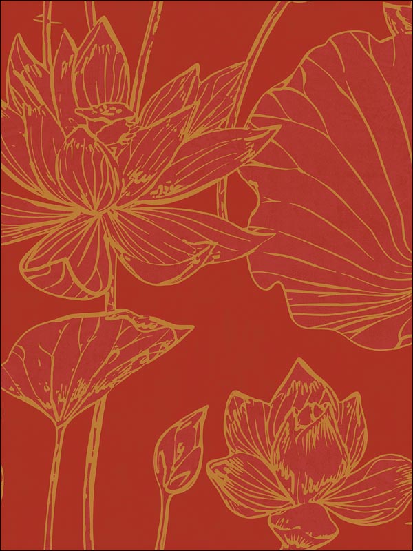 Lotus Floral wallpaper in metallic gold and crimson color - pattern number AI42301 - by Seabrook in the Koi collection