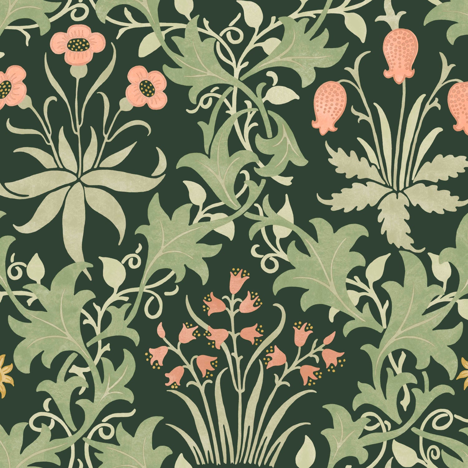 Celandine Wallpaper in forest color - pattern number 145682 - by William Morris in the William Morris at Home SS26 collection