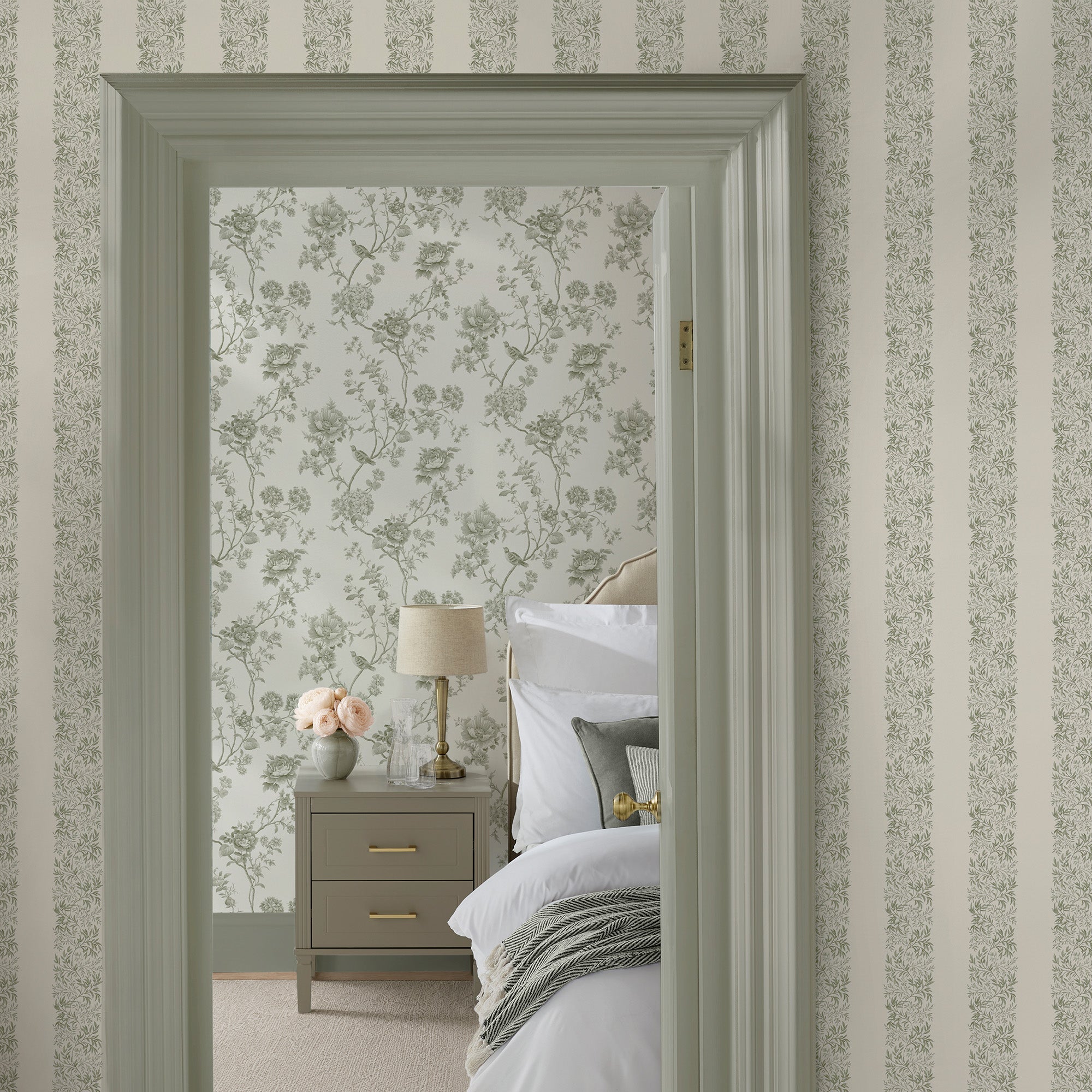 Heritage Garden Stripe Wallpaper in moss color - pattern number 146819 - by Martha Stewart in the Martha Stewart AW26 collection