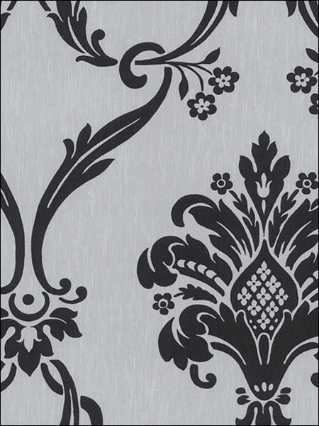 Flock Damask fabric in metallic black silver color - pattern number CS27371 - by Patton Norwall in the Classic Silks 2 collection