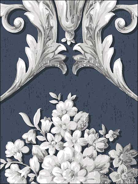 Floral Damask wallpaper in metallic blue white color - pattern number CS35627 - by Patton Norwall in the Classic Silks 2 collection