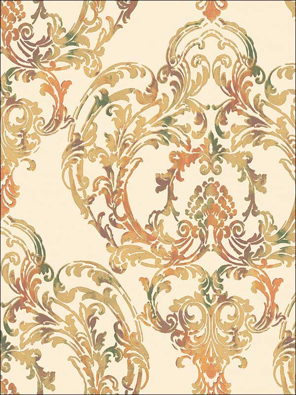 Roxen Damask wallpaper in amber gold and pine color - pattern number LG90701 - by Seabrook in the Lugano collection
