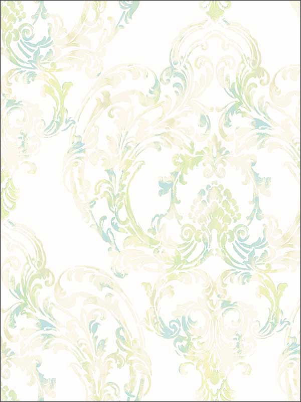 Roxen Damask wallpaper in turquoise off white and mint color - pattern number LG90702 - by Seabrook in the Lugano collection