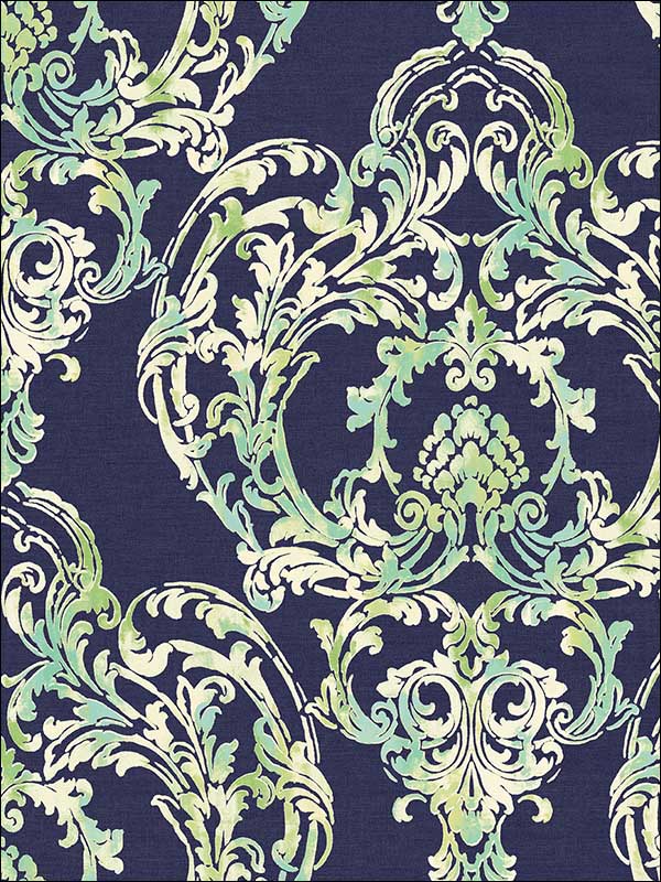 Roxen Damask wallpaper in navy off white and mint color - pattern number LG90712 - by Seabrook in the Lugano collection