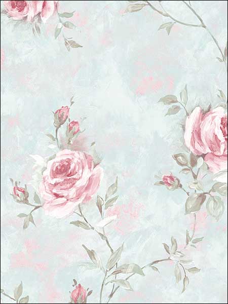 Painted Rose Trail wallpaper in turquoise pink green color - pattern number RG35734 - by Patton Norwall in the Rose Garden 2 collection