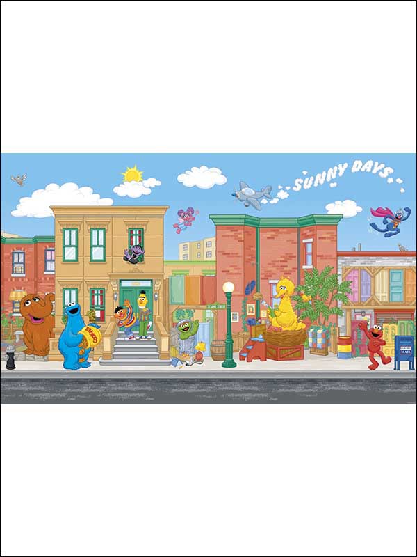 Sesame Street XL 7 Panel fabric in blue color - pattern number JL1213M - by York in the York Murals collection