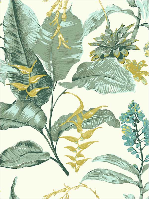 Kauai Damask wallpaper in green color - pattern number PS41804 - by Kenneth James in the Palm Springs collection