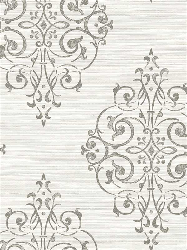 Medallion on Grasscloth wallpaper in gray color - pattern number OY34907 - by Paper and Ink in the White on White collection