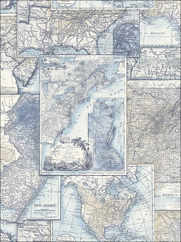 Map wallpaper in blue color - pattern number TL32502 - by Pelican Prints in the Rittenhouse Square collection