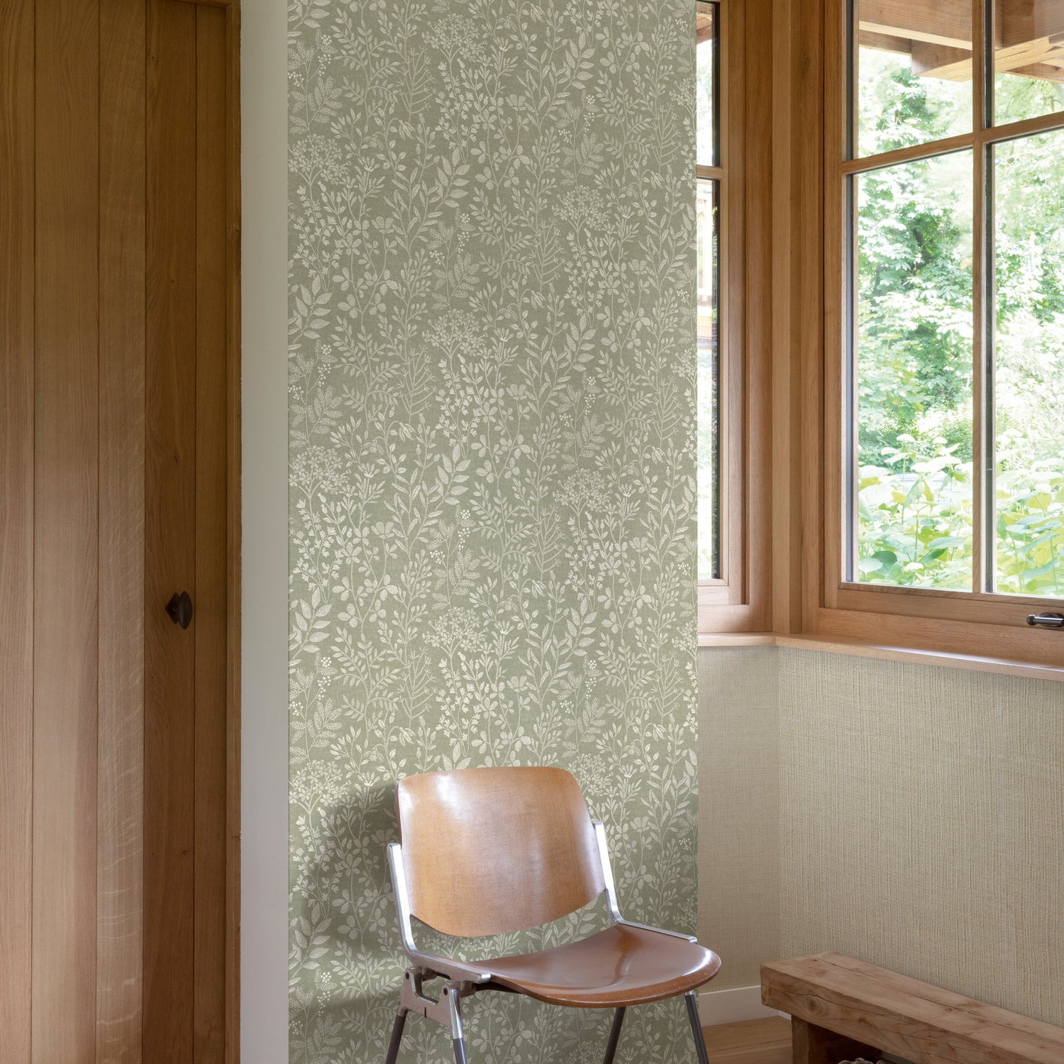 Branched Leaves All-over Wallpaper in green color - pattern number KR205003 - by Grandeco in the Karuna collection