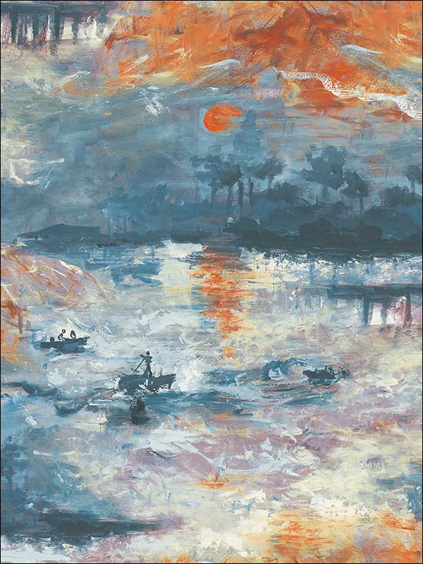 Nautical Sunset wallpaper in denim metallic gold and burnt orange color - pattern number FI70002 - by Seabrook in the French Impressionist collection