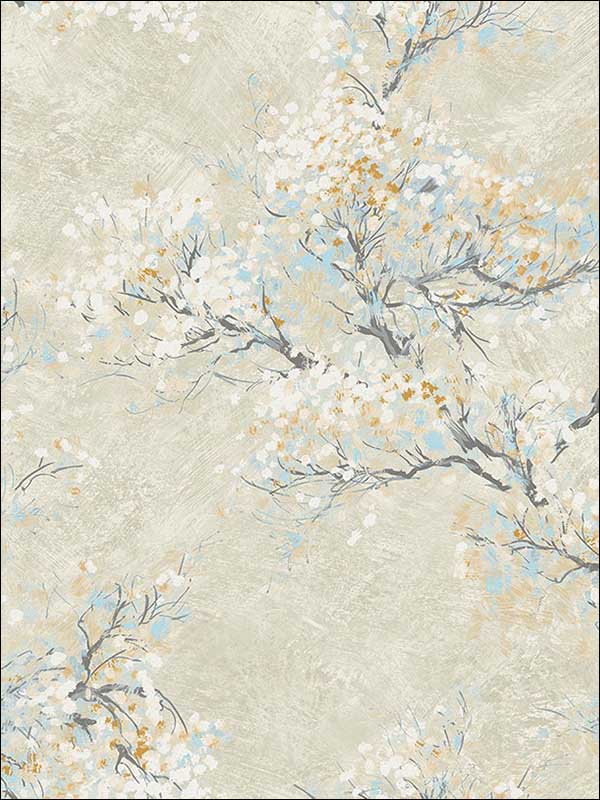 Cherry Blossoms wallpaper in metallic champagne white and sky blue color - pattern number FI71105 - by Seabrook in the French Impressionist collection