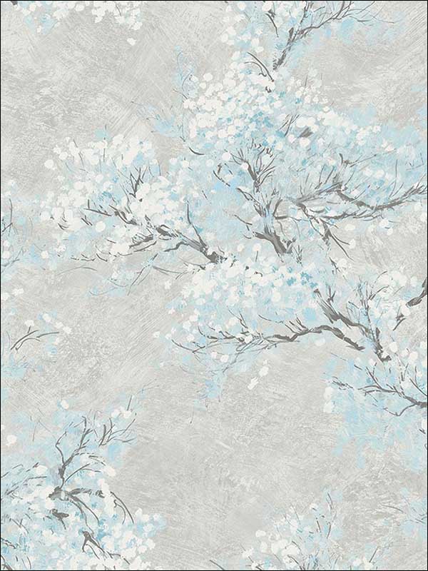 Cherry Blossoms wallpaper in metallic silver and sky blue color - pattern number FI71108 - by Seabrook in the French Impressionist collection