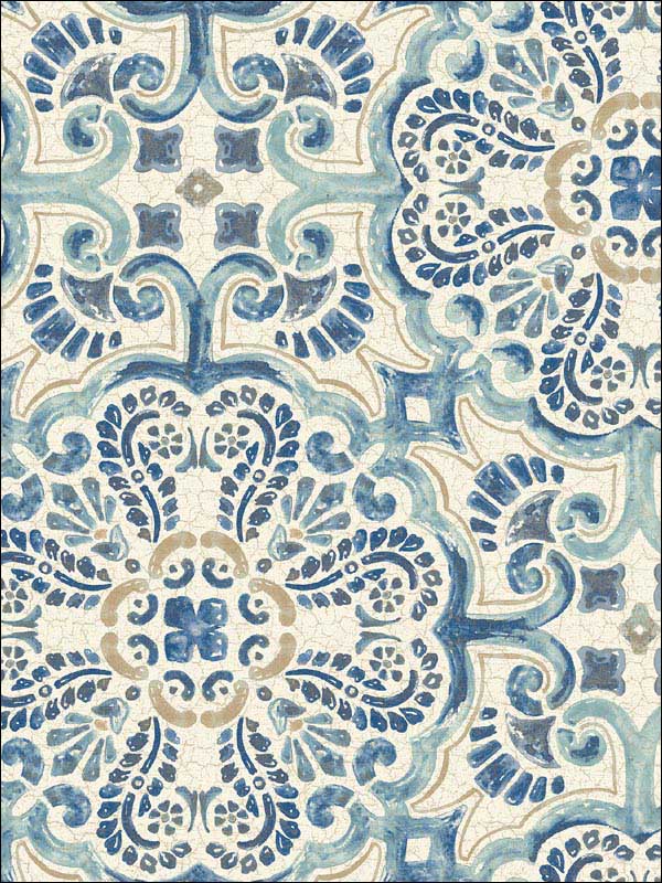 Florentine Tile Peel and Stick fabric in blue color - pattern number NU2235 - by Brewster in the NuWallpaper II collection