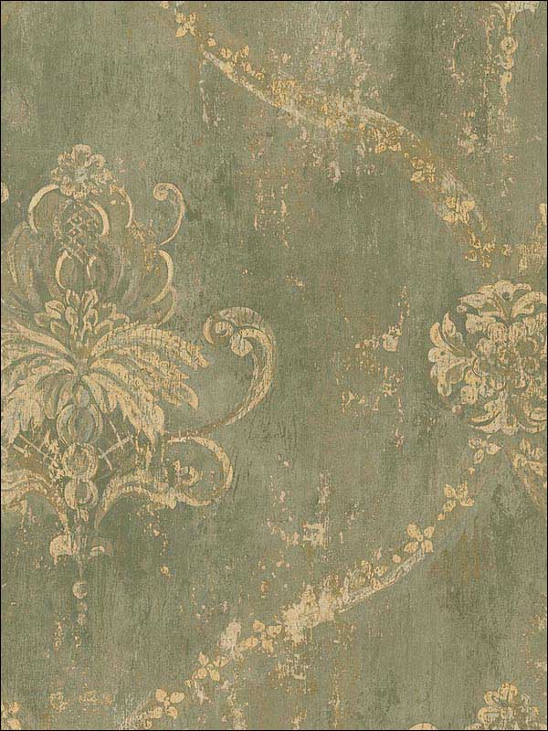 Regal Damask fabric in greens beige tan color - pattern number CH22568 - by Patton Norwall in the Manor House by Norwall collection