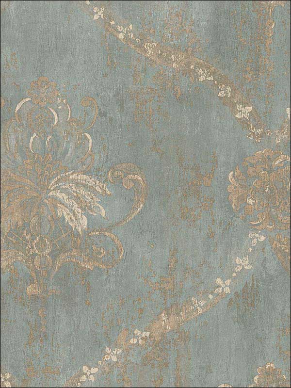 Regal Damask fabric in metallic gold turquoise color - pattern number CH28248 - by Patton Norwall in the Manor House by Norwall collection