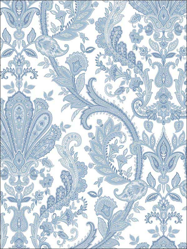 Jacobean Paisley fabric in dark blue light blue pearl white color - pattern number MD29431 - by Patton Norwall in the Manor House by Norwall collection