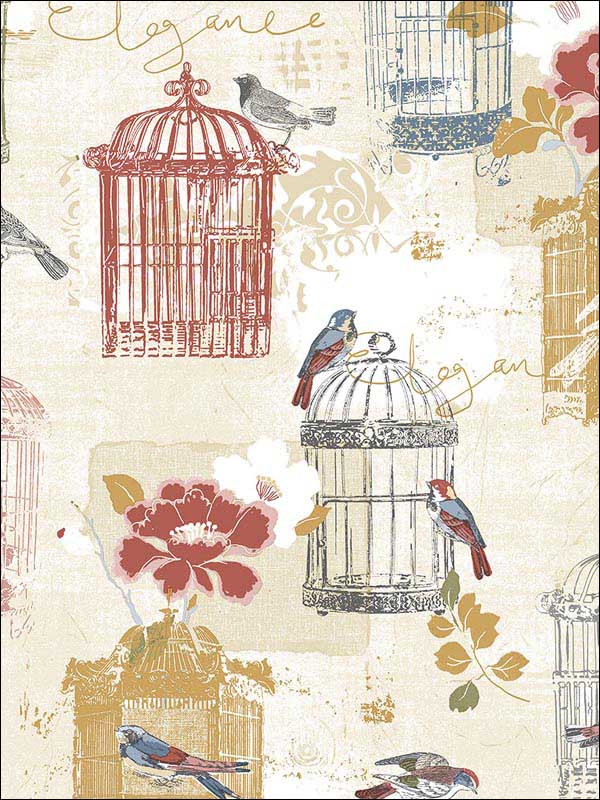 Victorian Birdcage wallpaper in red yellow blue color - pattern number KE29945 - by Patton Norwall in the Creative Kitchens collection