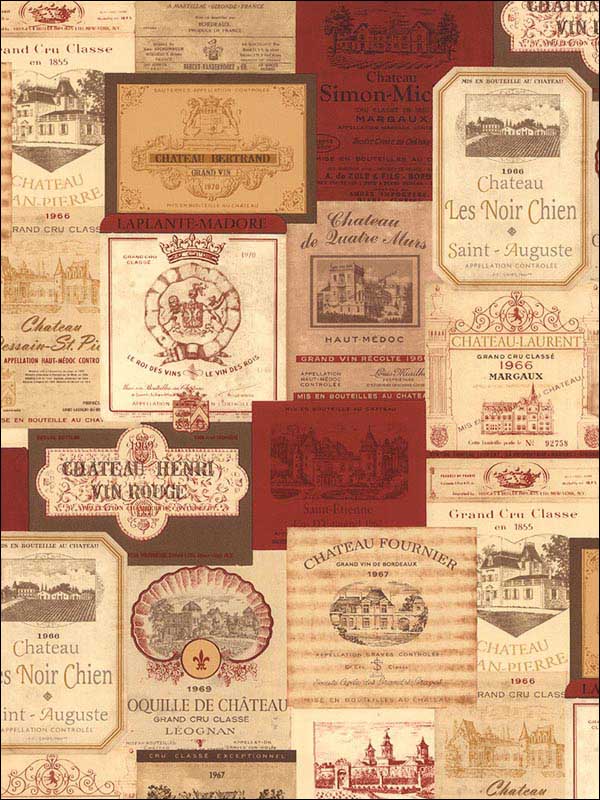 Wine Labels wallpaper in red ochre color - pattern number KK26754 - by Patton Norwall in the Creative Kitchens collection