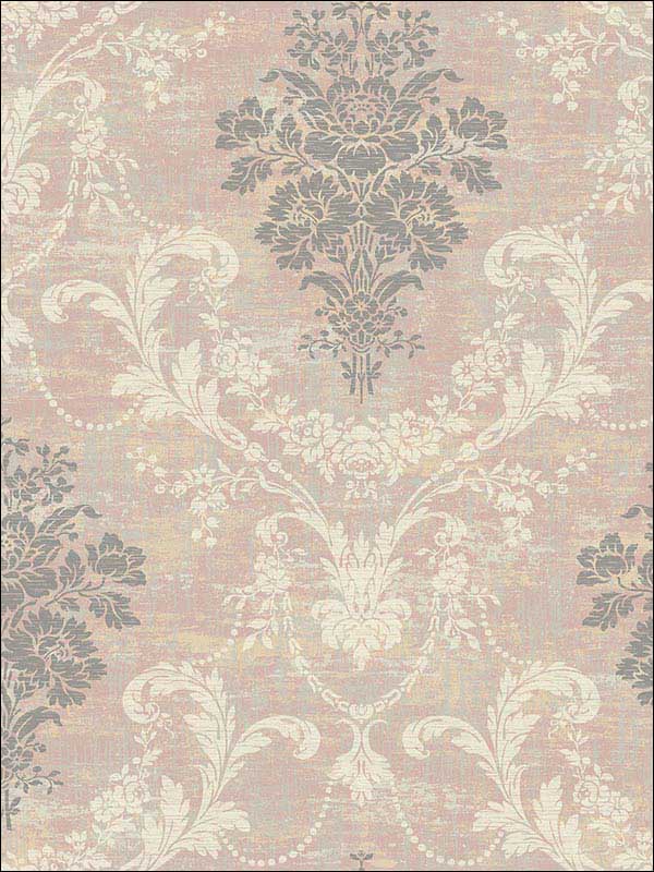Damask wallpaper in pink metallic silver off white raised ink color - pattern number 1730501 - by Seabrook in the Mercury by Etten Gallerie collection