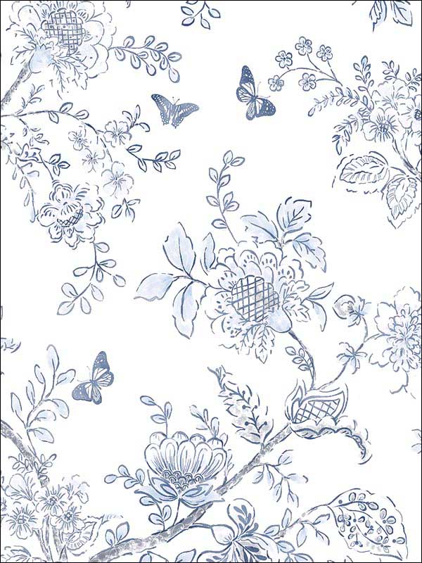 Butterfly Toile wallpaper in light blue blue navy color - pattern number FH37539 - by Patton Norwall in the Farmhouse Living collection
