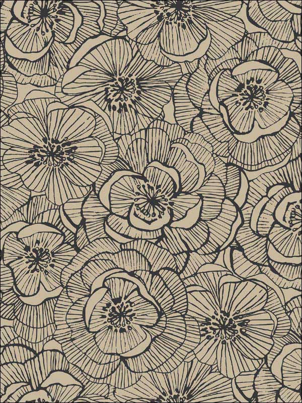 Graphic Floral fabric in gold glitter and ebony color - pattern number AW71008 - by Collins and Company in the Casa Blanca 2 collection