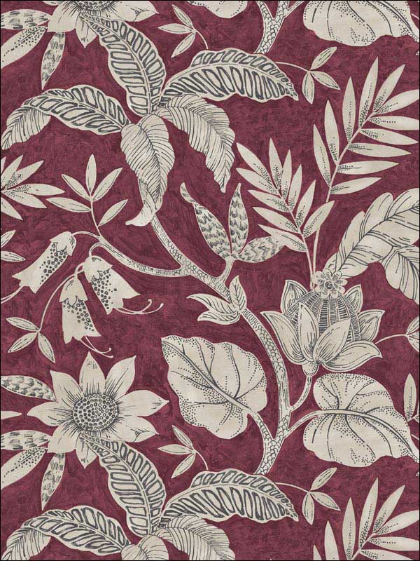 Rainforest Leaves fabric in cranberry and stone color - pattern number RY30201 - by Seabrook in the Boho Rhapsody collection