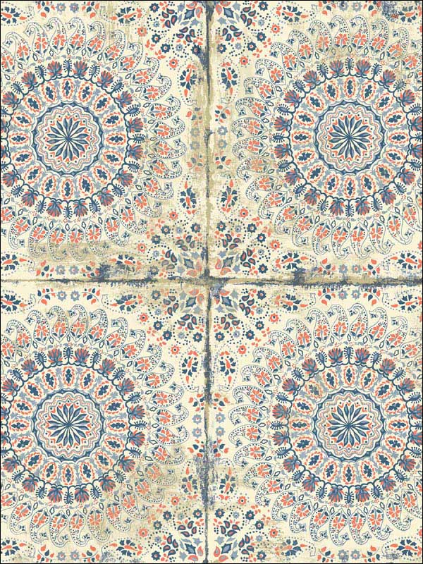 Mandala Boho Tile wallpaper in coral cream and midnight blue color - pattern number RY30706 - by Seabrook in the Boho Rhapsody collection