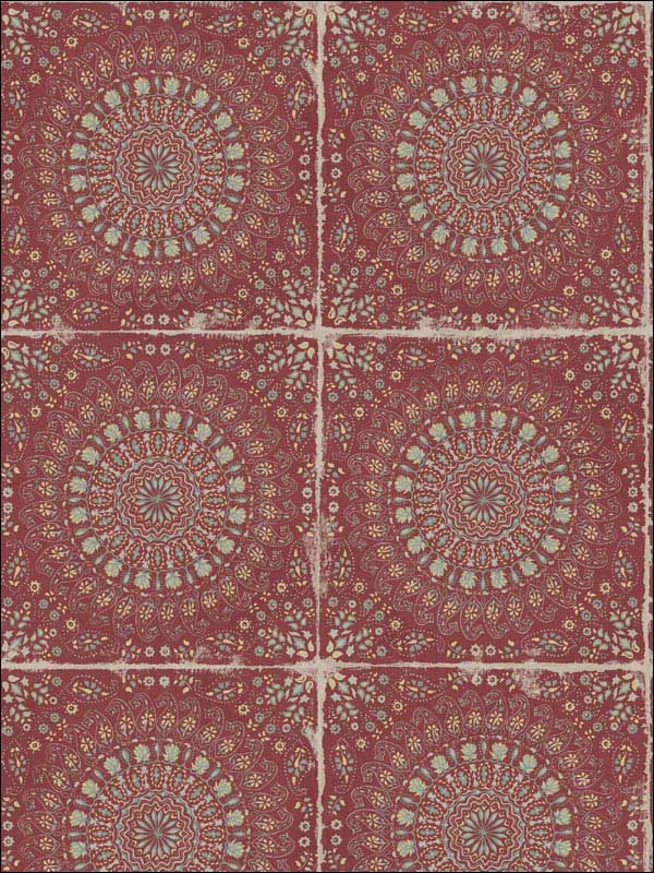 Mandala Boho Tile wallpaper in cabernet and aloe green color - pattern number RY30710 - by Seabrook in the Boho Rhapsody collection