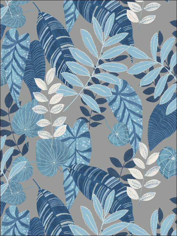 Tropicana Leaves wallpaper in metallic gray sky blue and champlain color - pattern number RY30912 - by Seabrook in the Boho Rhapsody collection