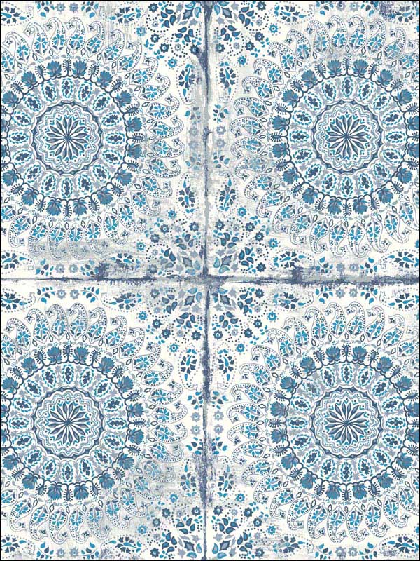 Mandala Boho Tile wallpaper in cerulean and washed denim color - pattern number RY30702 - by Seabrook in the Boho Rhapsody collection