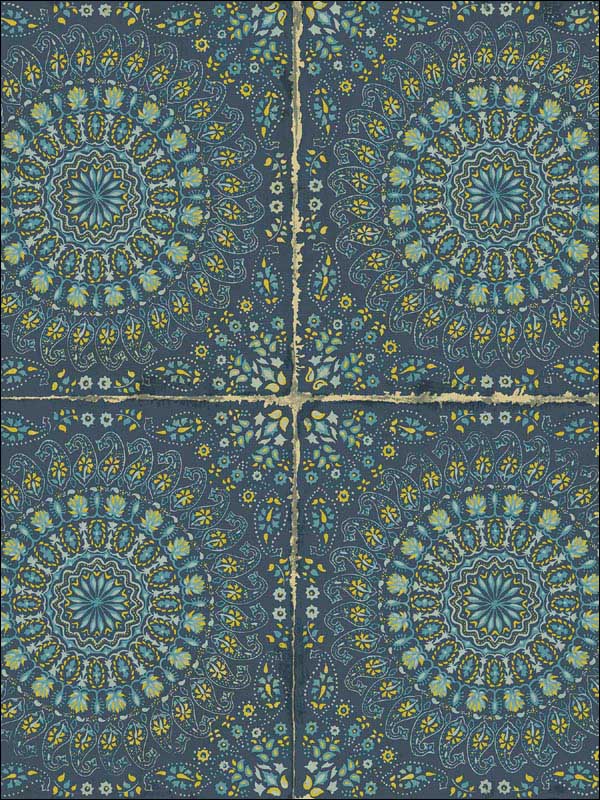 Mandala Boho Tile wallpaper in navy blue and dandelion color - pattern number RY30712 - by Seabrook in the Boho Rhapsody collection