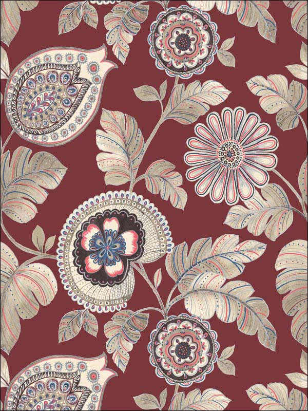 Calypso Paisley Leaf wallpaper in cabernet and coral color - pattern number RY31201 - by Seabrook in the Boho Rhapsody collection