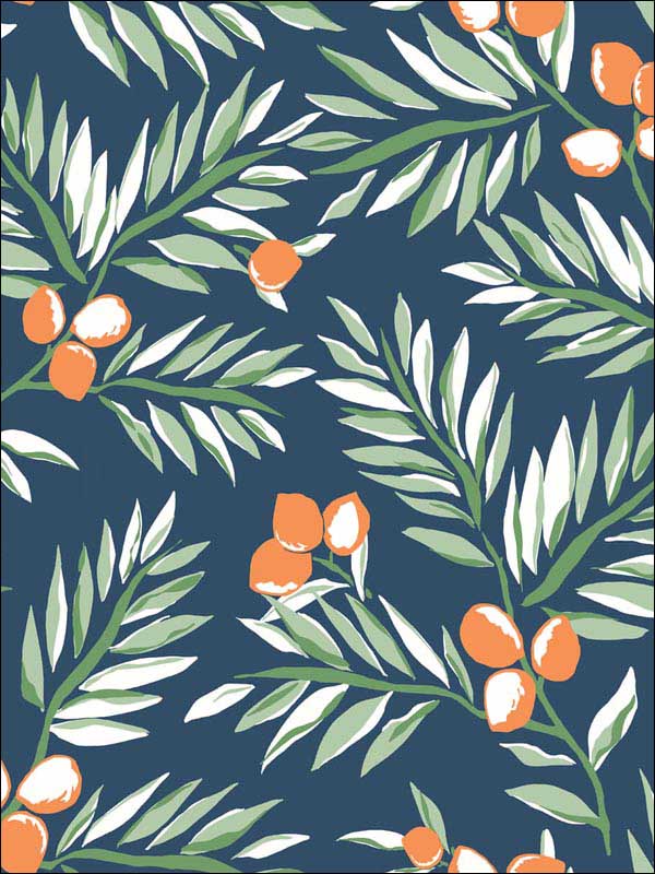 Citrus Branch Peel and Stick wallpaper in navy sage and orange color - pattern number NW36702 - by NextWall in the Peel and Stick Wallpaper by Nextwall collection