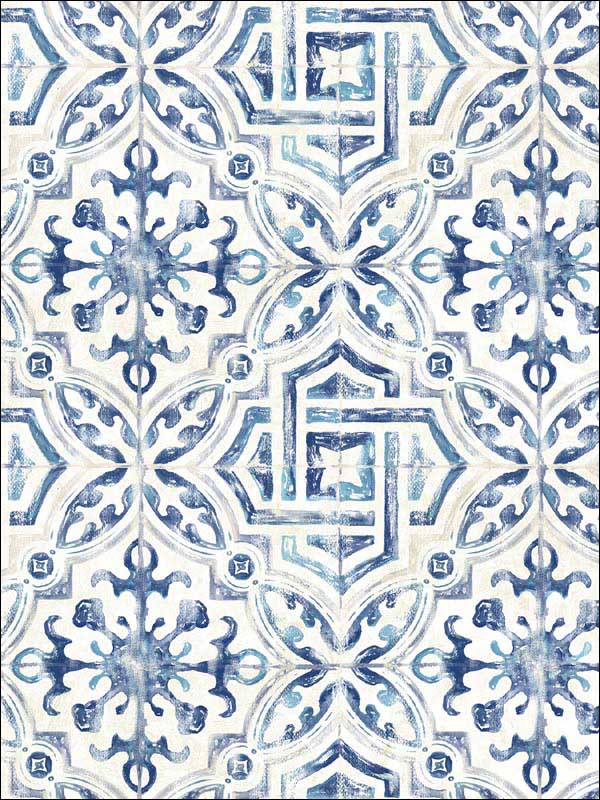 Sonoma Spanish Tile fabric in navy color - pattern number 2904-12332 - by Brewster in the Fresh Start Kitchen and Bath collection