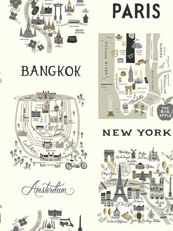 City Maps wallpaper in grey and gold color - pattern number RI5161 - by Rifle Paper Co in the Rifle Paper Co collection