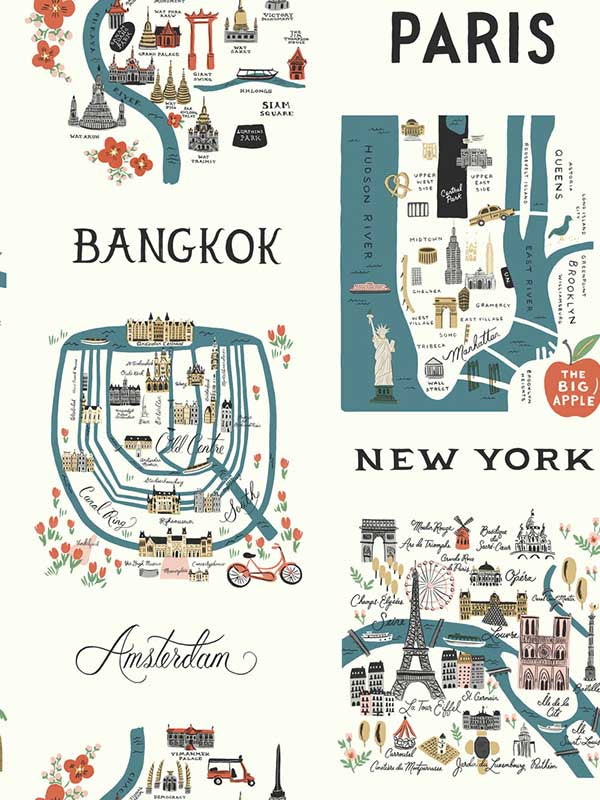 City Maps wallpaper in blue and red color - pattern number RI5162 - by Rifle Paper Co in the Rifle Paper Co collection