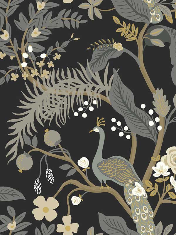 Peacock fabric in black color - pattern number RI5170 - by Rifle Paper Co in the Rifle Paper Co collection