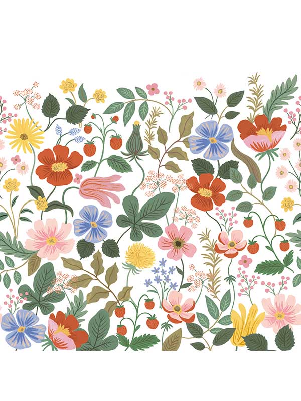 Strawberry Fields Peel and Stick 4 Panel fabric in white color - pattern number PSW1334M - by Rifle Paper Co in the Rifle Paper Co Peel and Stick Wallpaper collection