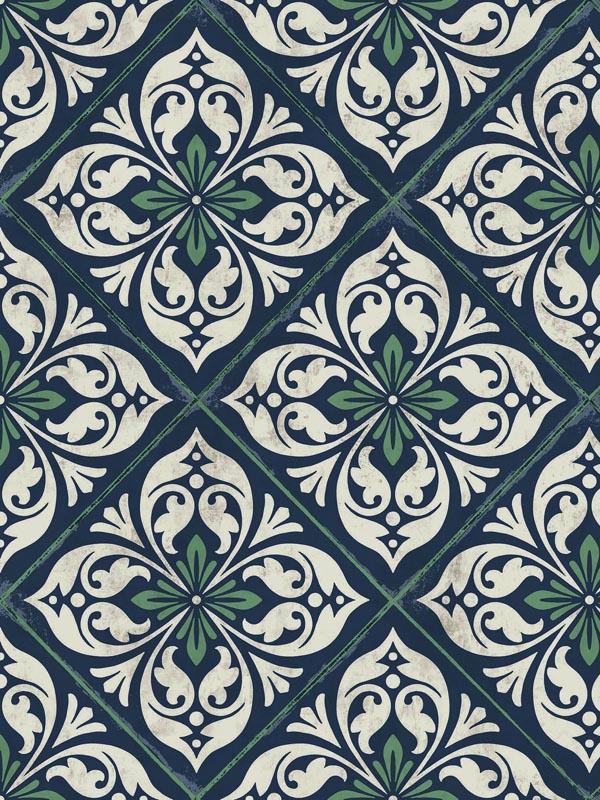 Plumosa Tile wallpaper in midnight blue and spearmint color - pattern number LN11012 - by Seabrook in the Lillian August Luxe Retreat collection
