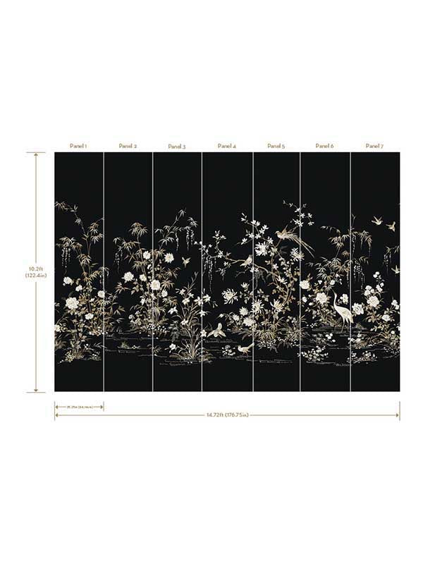 Flowering Vine Chino 7 Panel mural in black color - pattern number KT2264M - by Ronald Redding in the 24 Karat collection