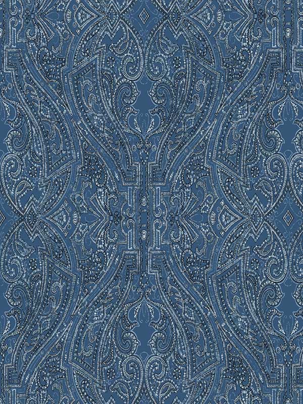 Ascot Damask wallpaper in blue color - pattern number HO2132 - by Ronald Redding in the Traveler collection