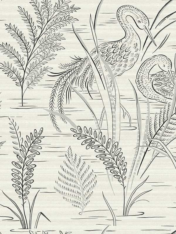 Fernwater Cranes wallpaper in black and grey color - pattern number GR5953 - by York in the Grandmillennial collection
