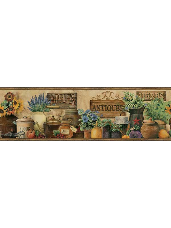 Brittany Antiques and Herbs Border fabric in black color - pattern number 3123-44581 - by Chesapeake in the Homestead collection