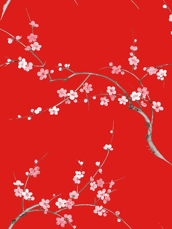 Cherry Blossom Floral Peel and Stick fabric in scarlet and petal pink color - pattern number NW38301 - by NextWall in the Peel and Stick Wallpaper by Nextwall collection