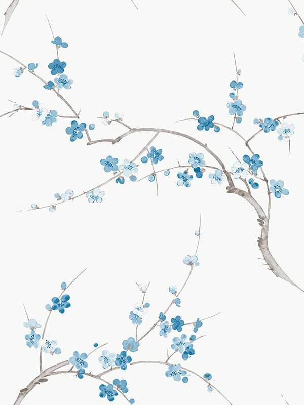 Cherry Blossom Floral Peel and Stick fabric in pacific blue and white color - pattern number NW38302 - by NextWall in the Peel and Stick Wallpaper by Nextwall collection