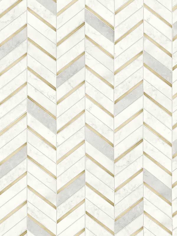Chevron Marble Tile Peel and Stick wallpaper in metallic gold and pearl gray color - pattern number NW39205 - by NextWall in the Peel and Stick Wallpaper by Nextwall collection