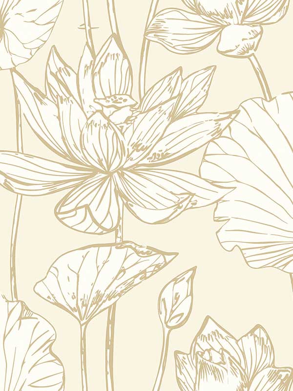 Lotus Floral Peel and Stick wallpaper in metallic gold and cream color - pattern number NW33105 - by NextWall in the Peel and Stick Wallpaper by Nextwall collection