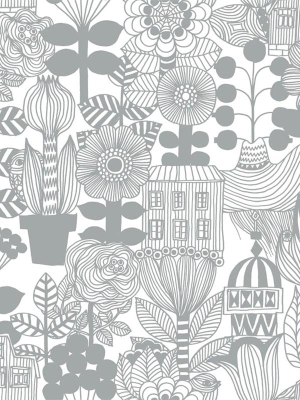Lintukoto fabric in gray and off white color - pattern number 23305X - by Wallquest in the Marimekko Wallcoverings Vol 5 collection
