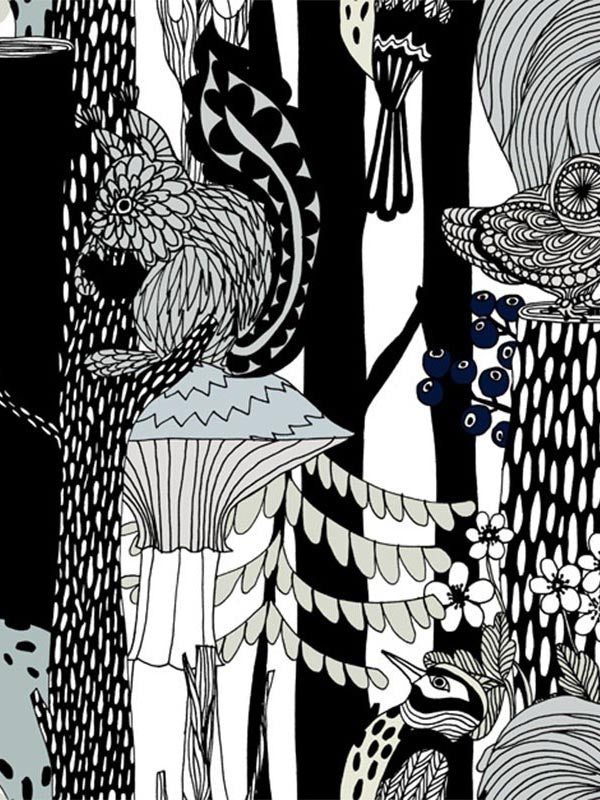 Pikkuveljekset fabric in ebony and steel gray color - pattern number 23341X - by Wallquest in the Marimekko Wallcoverings Vol 5 collection